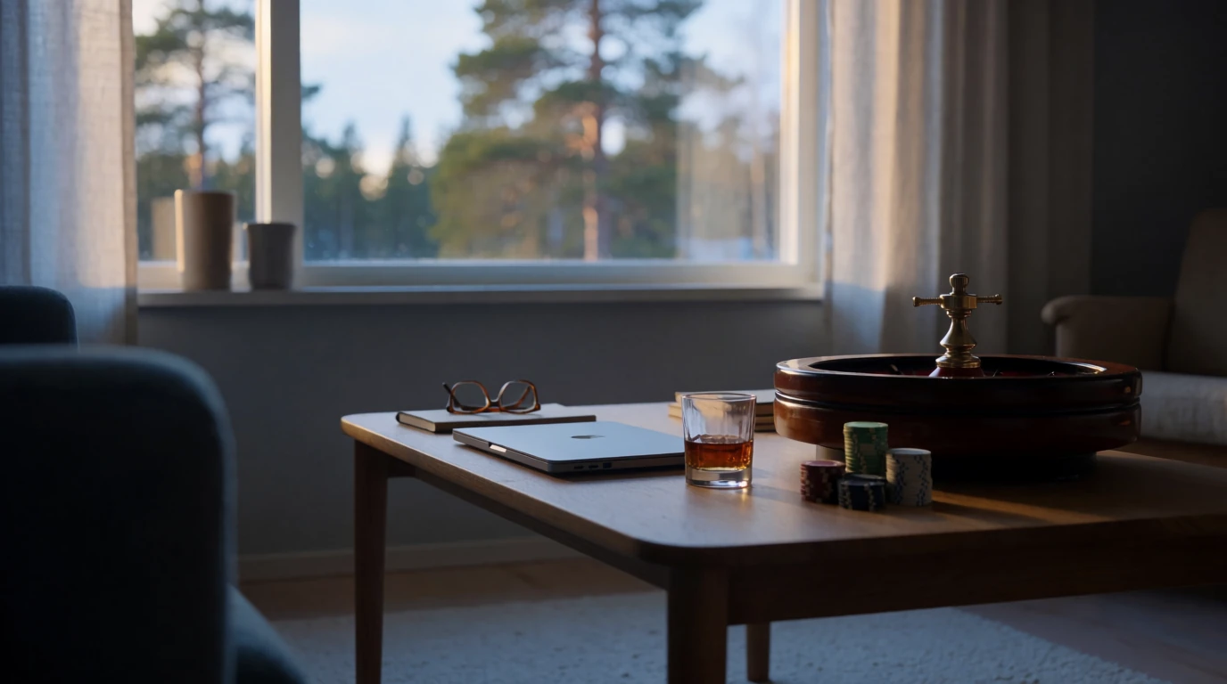 Stilrent svenskt vardagsrum med roulettehjul, casinomarker och stängd laptop på bordet