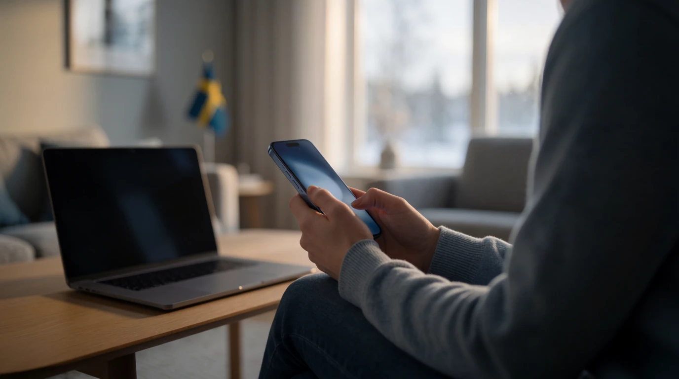 Person som använder mobiltelefon i modernt svenskt vardagsrum