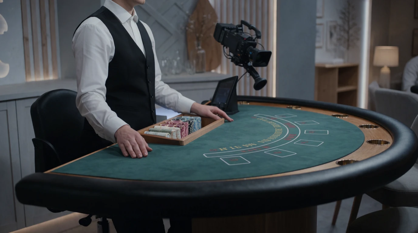 Professionell live dealer vid blackjackbord i nordisk inspelningsstudio