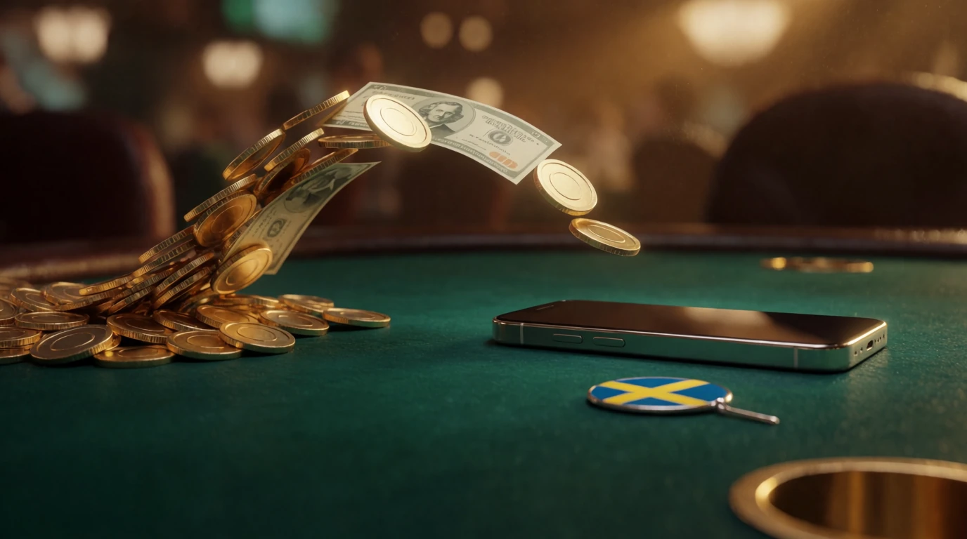 Guldmynt och sedlar flödar tillbaka från ett casinobord till en mobiltelefon som symbol för cashback.