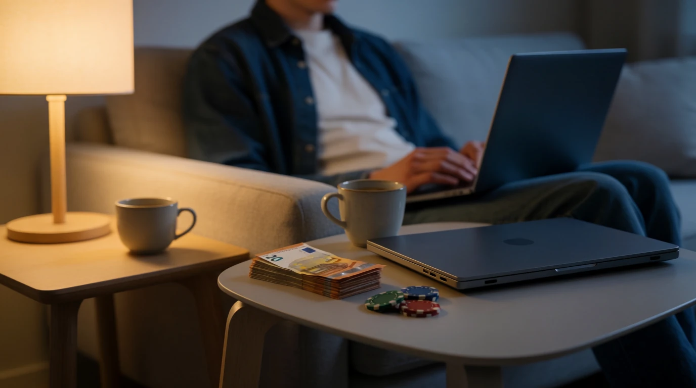 Svensk spelare kopplar av hemma med stängd laptop och euro sedlar