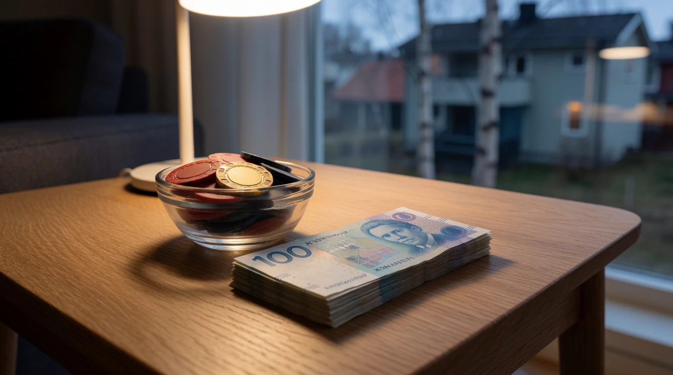 Svensk 100-kronorssedel och casinomarker på ett bord