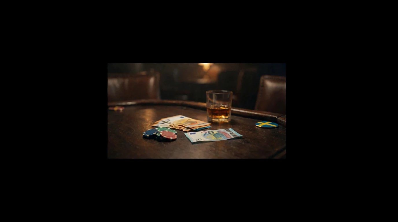 En bunt euro-sedlar och casinok chips på ett mörkt bord