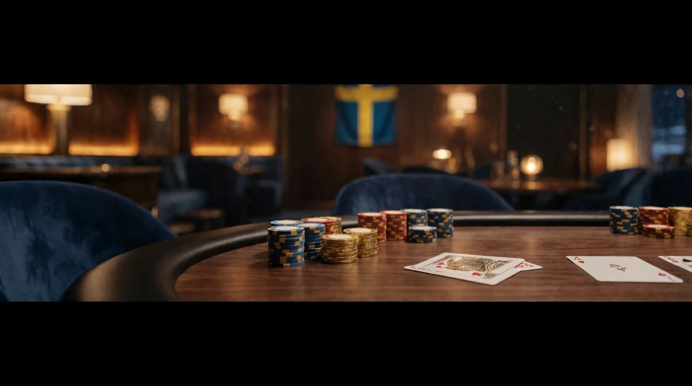 Svensk casinomiljö med färgglada marker och spelkort på ett elegant träbord