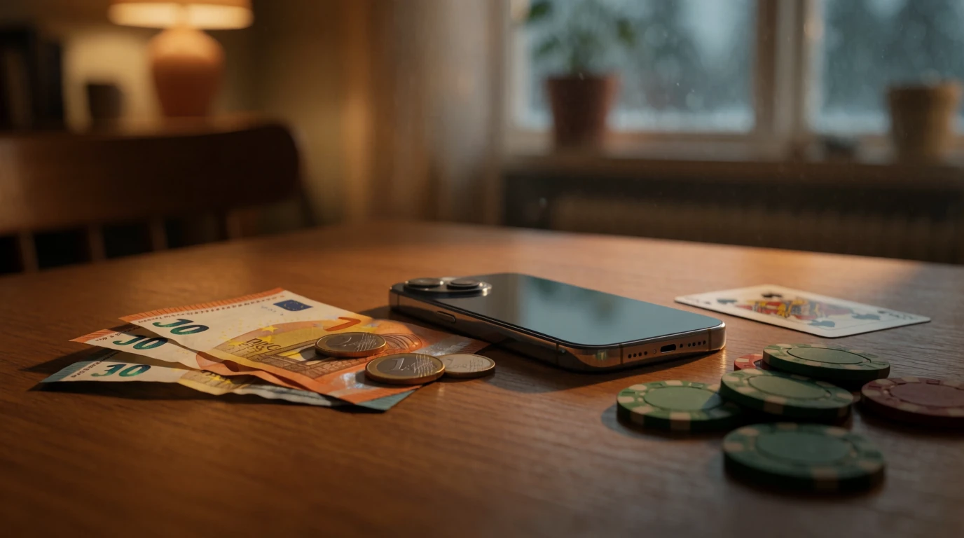 Euro-sedlar, mynt och casinofigurer på ett träbord i svensk hemmiljö.