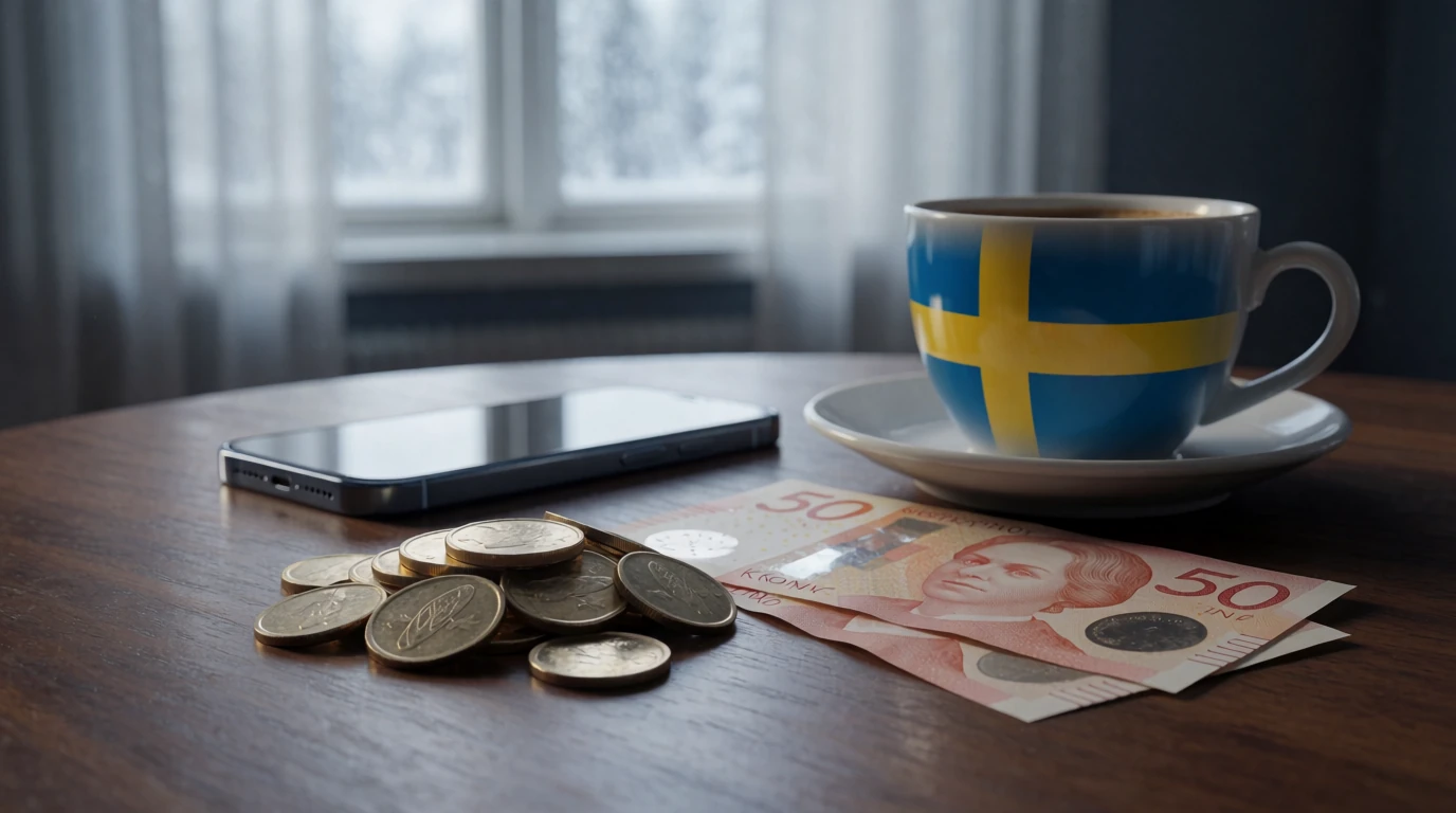 Svenska kronor sedlar och mynt på ett träbord med kaffekopp