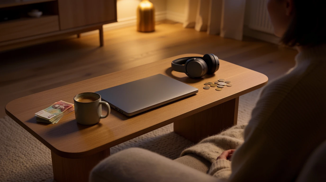 Minimalistisk svensk lägenhet med kaffekopp, hörlurar och sedlar på bordet