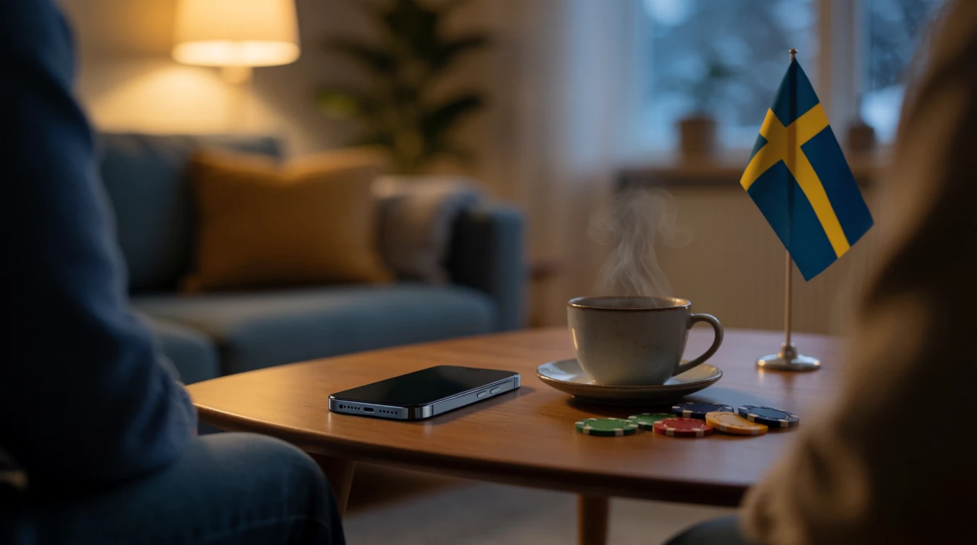 Smartphone med casinokaruseller på ett bord i svensk vardagsrum