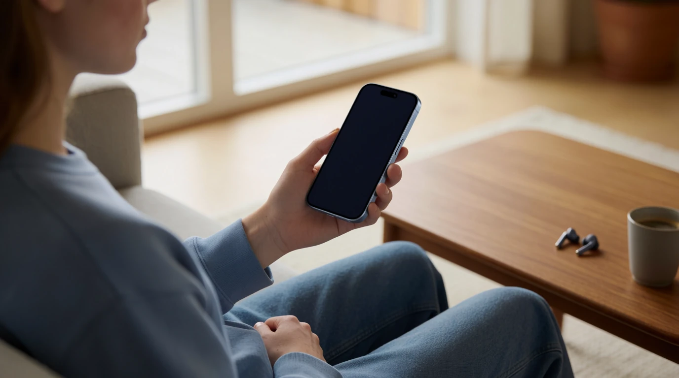 Svensk person med smartphone i ljus lägenhet, mobilen vänd från betraktaren