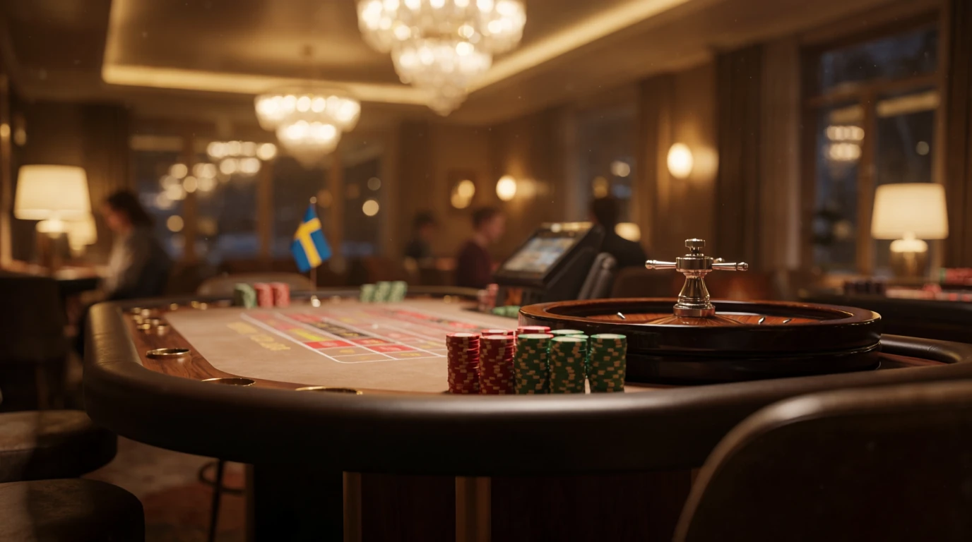 Elegant casinomiljö i Sverige med roulettebord och marker
