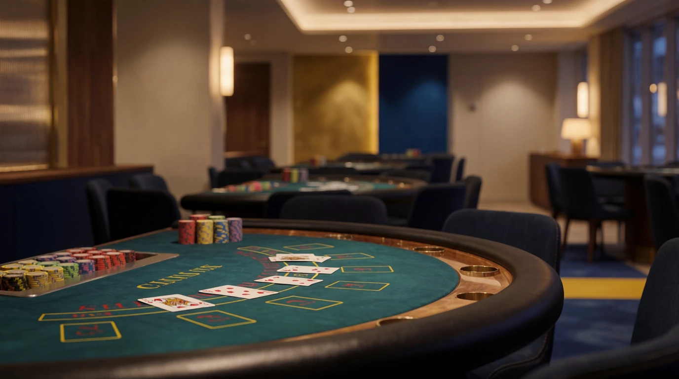 Elegant blackjackbord med marker och kort i en nordisk casinomiljö