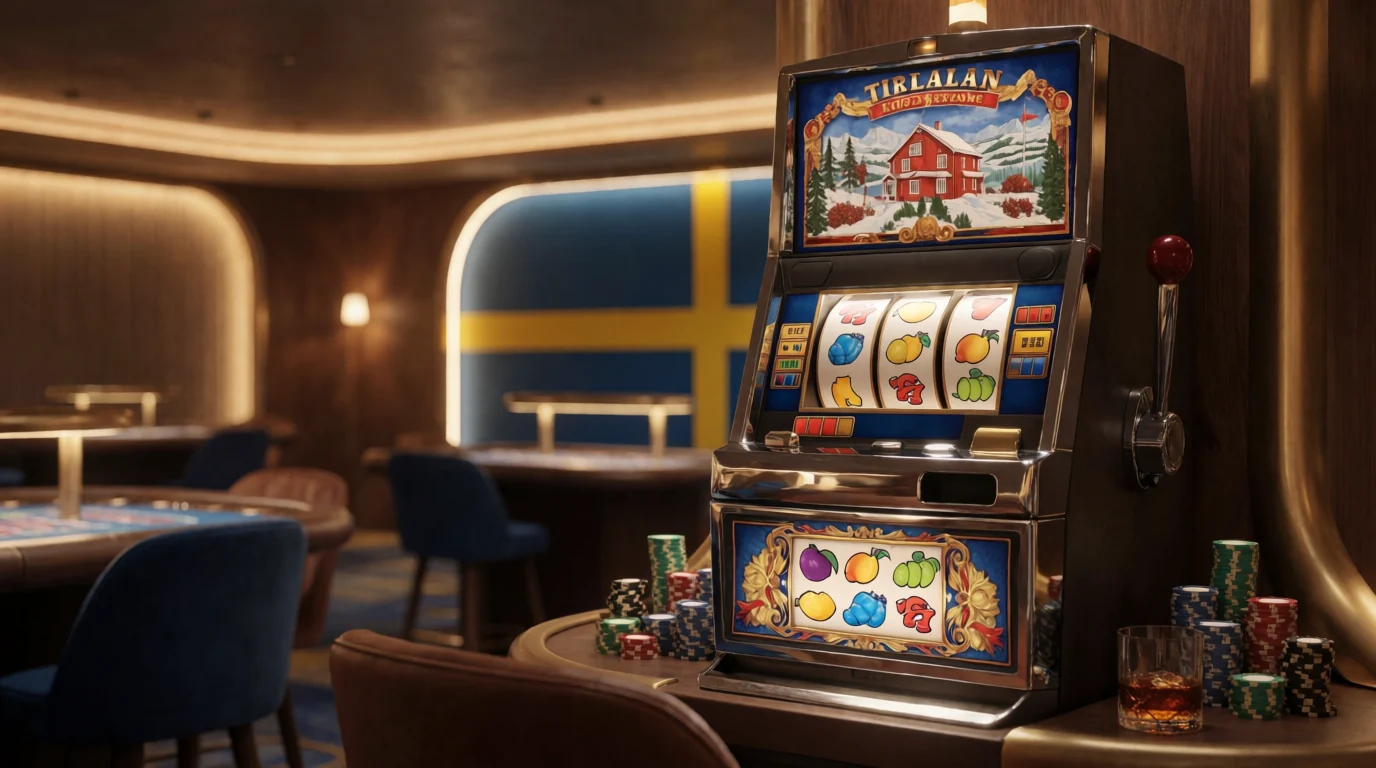 Klassisk spelautomat i elegant skandinavisk casinomiljö med svenska färger
