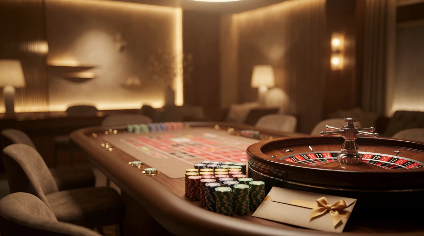 Elegant casinobord med marker och roulette i varm belysning