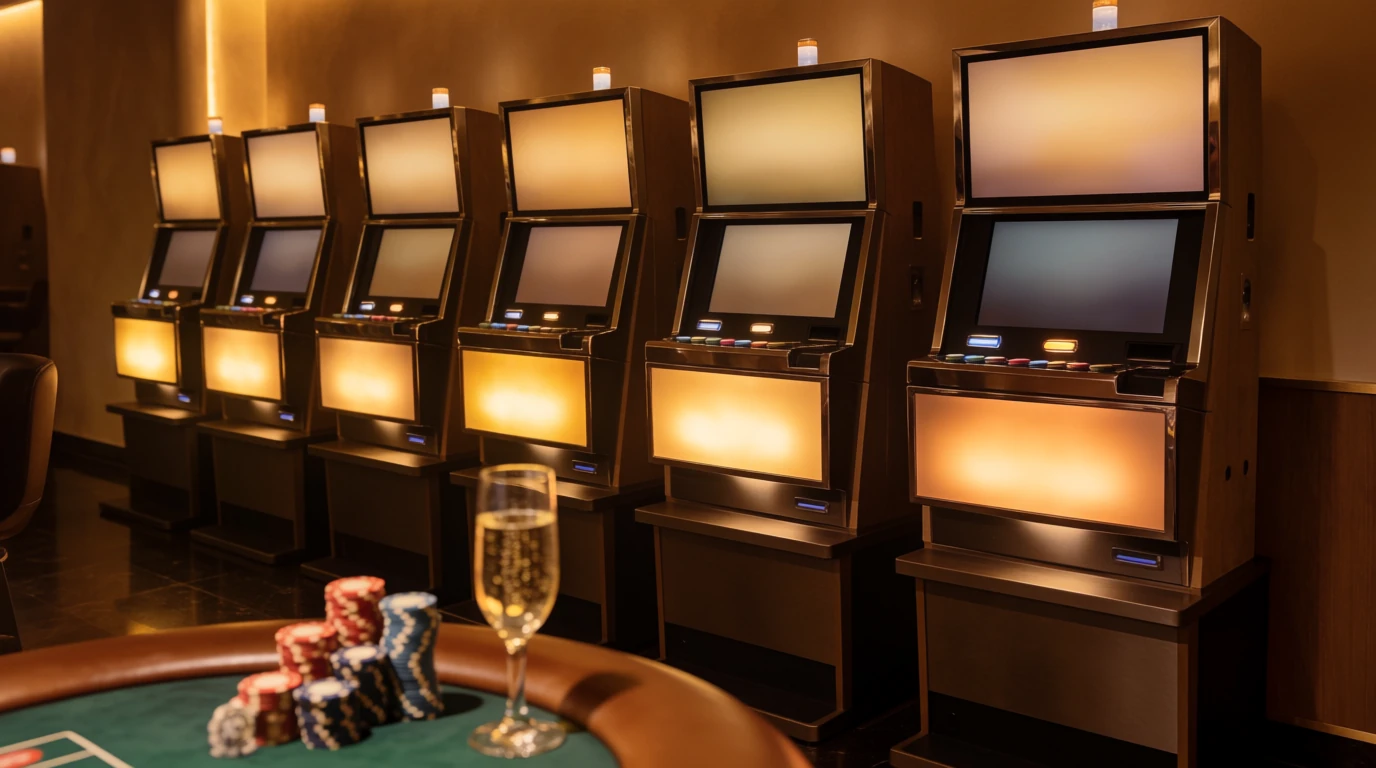 Elegant casinomiljö med spelautomater, färgglada marker och varm belysning i skandinavisk stil