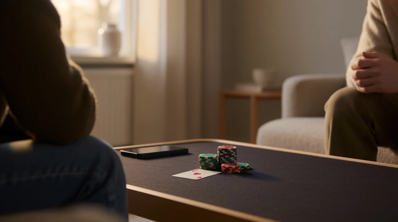 Casino-chips och spelkort på soffbord i mysig svensk vardagsrum