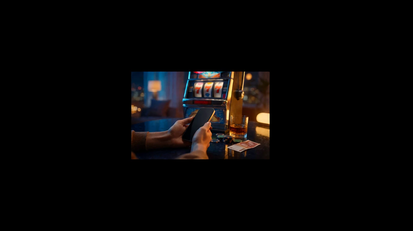 Smartphone och klassisk spelautomat i stämningsfullt nattljus
