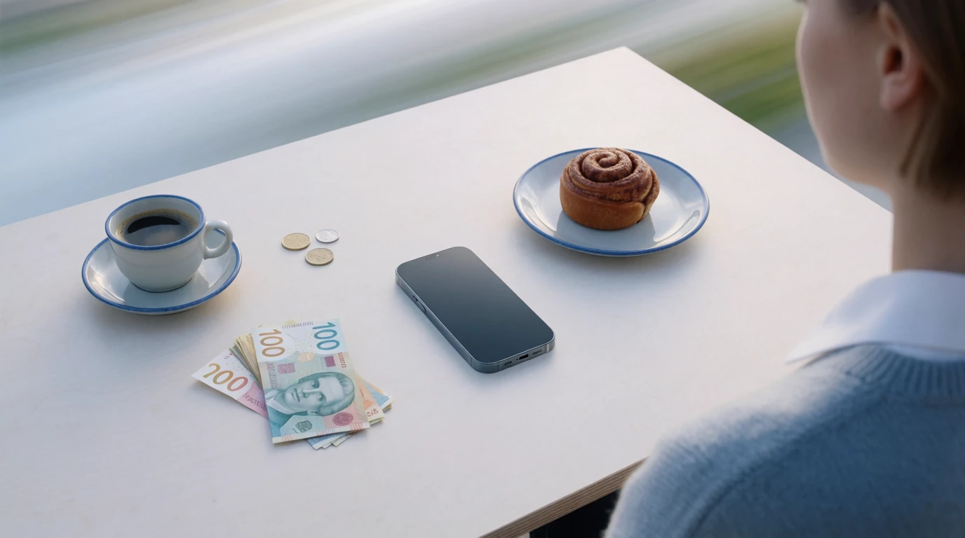 Smarttelefon och svenska kronor på ett minimalistiskt skandinaviskt skrivbord med fika
