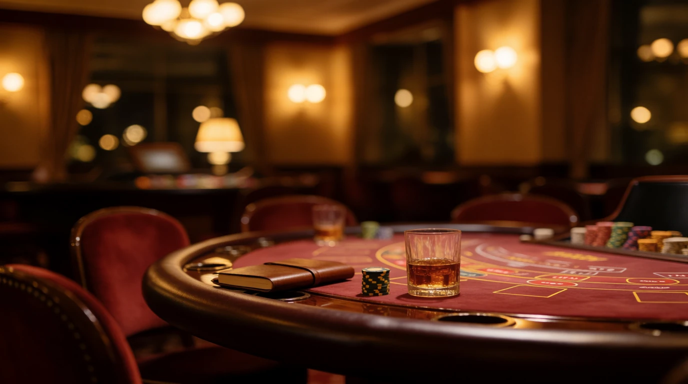 Elegant casinomiljö med marker, whisky och varm belysning