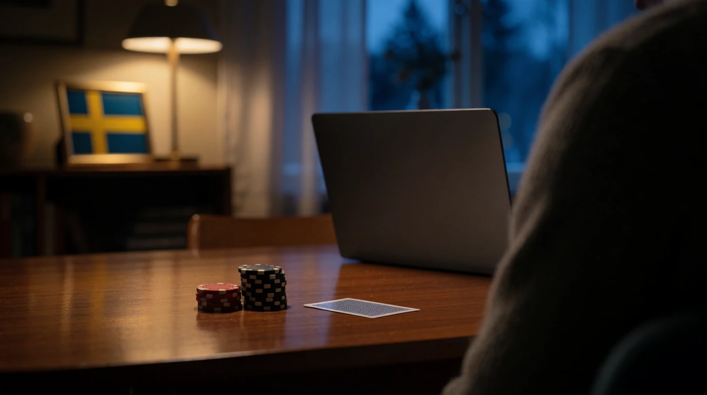 Casinomiljö med marker och ett stängt laptopbord i en svensk lägenhet