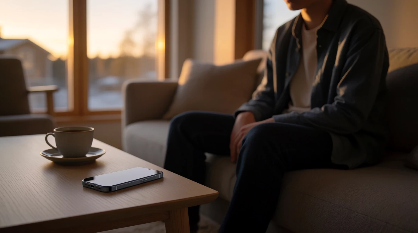 Avslappnad person i modern svensk lägenhet med telefon nedvänd på soffbordet