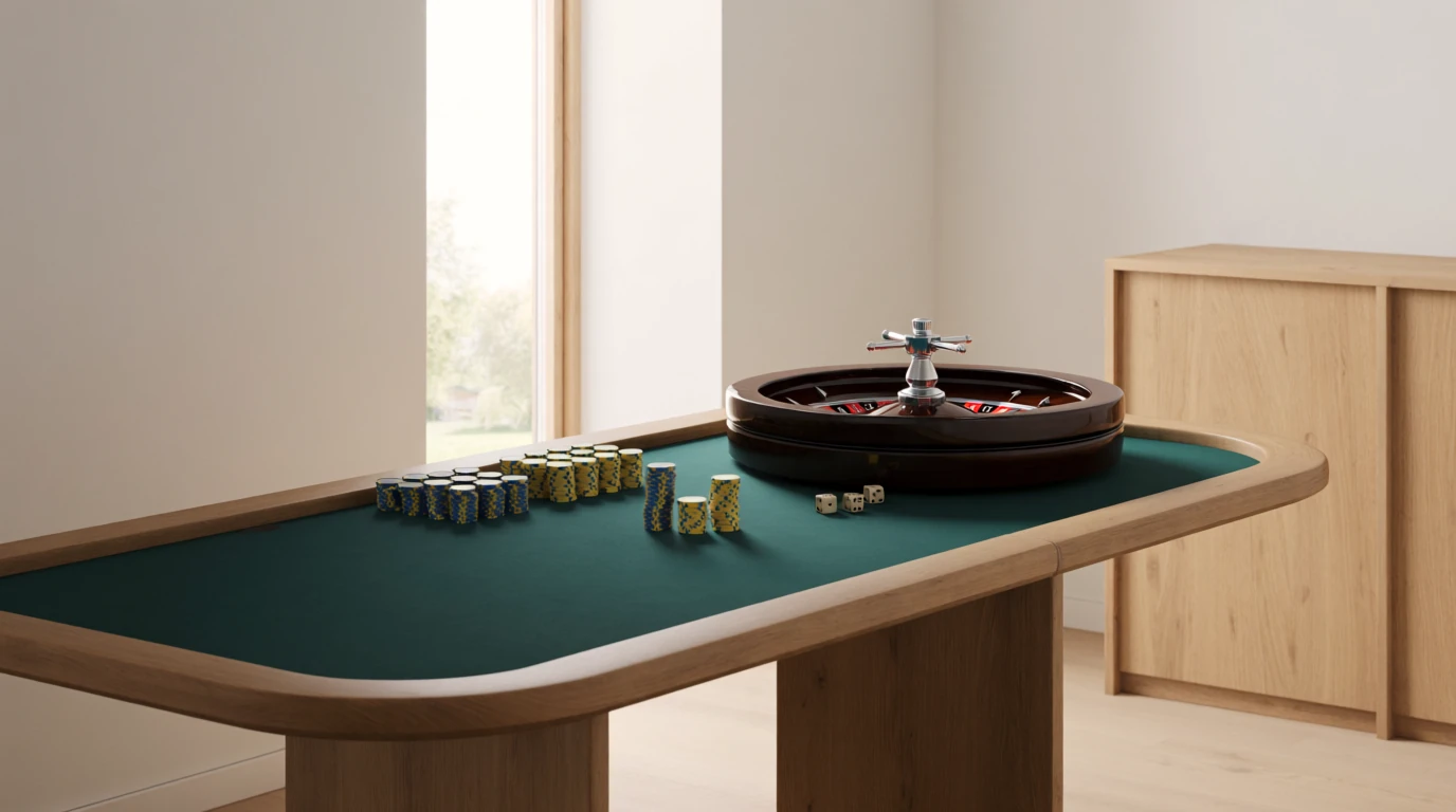 Ett minimalistiskt casinobord med marker och roulette i en skandinavisk miljö