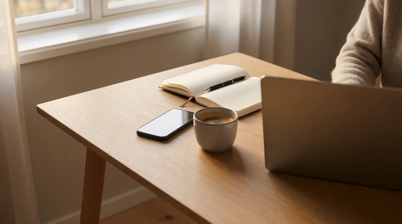 Skrivbord med anteckningsbok, penna, kaffekopp och telefon – kontorsplats för att skriva meddelande.