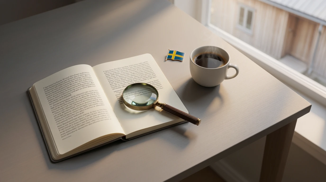 Förstoringsglas på öppen anteckningsbok med liten svensk flagga och kaffekopp