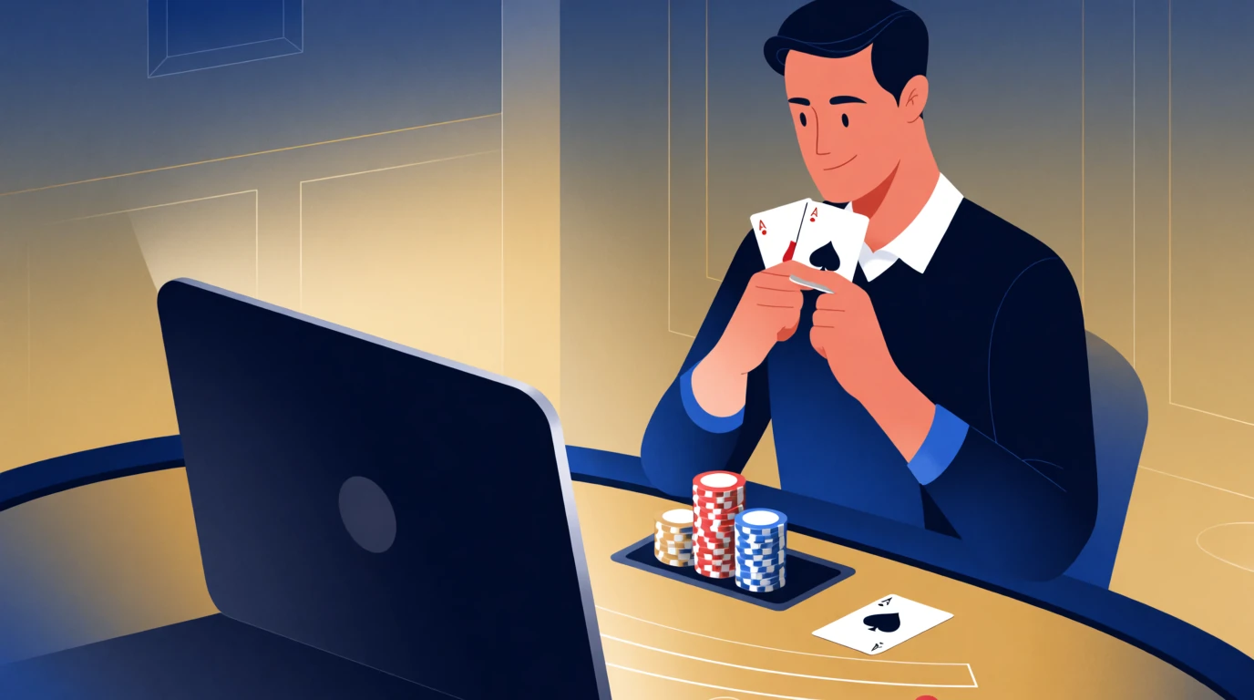 Svensk man spelar gratis virtuell blackjack med färgglada casinoklackar vid ett elegant bord