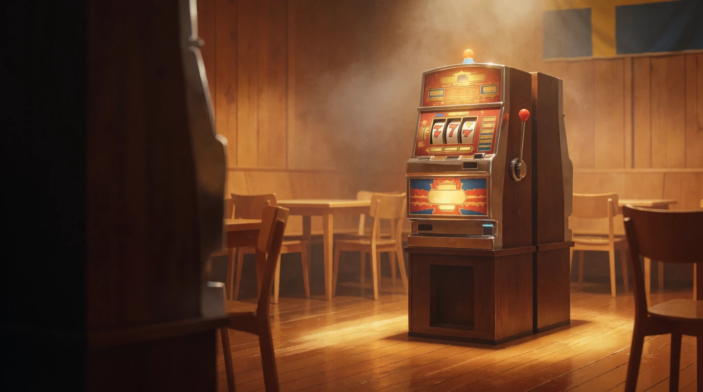 Klassisk spelautomat i en mysig svensk bingohall med varm belysning och nordisk träinredning.