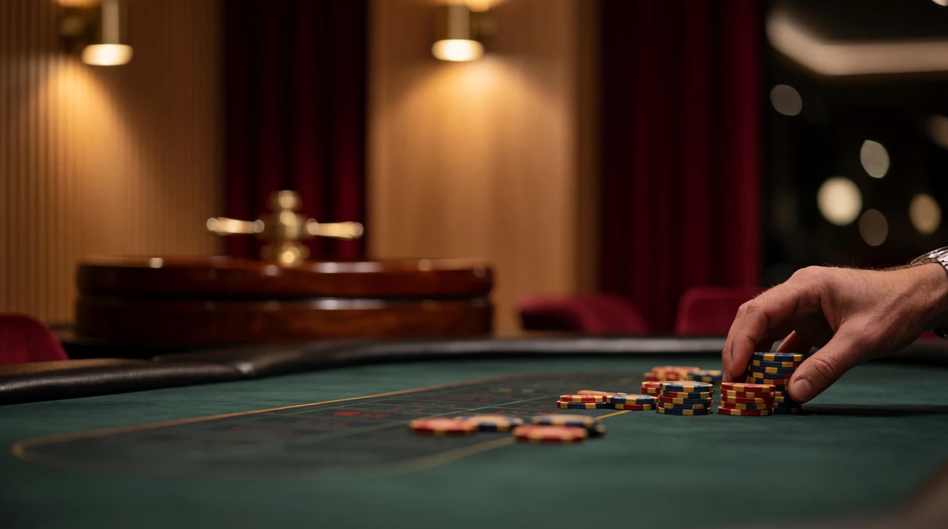Tomt casinobord med marker och roulette i dämpad belysning