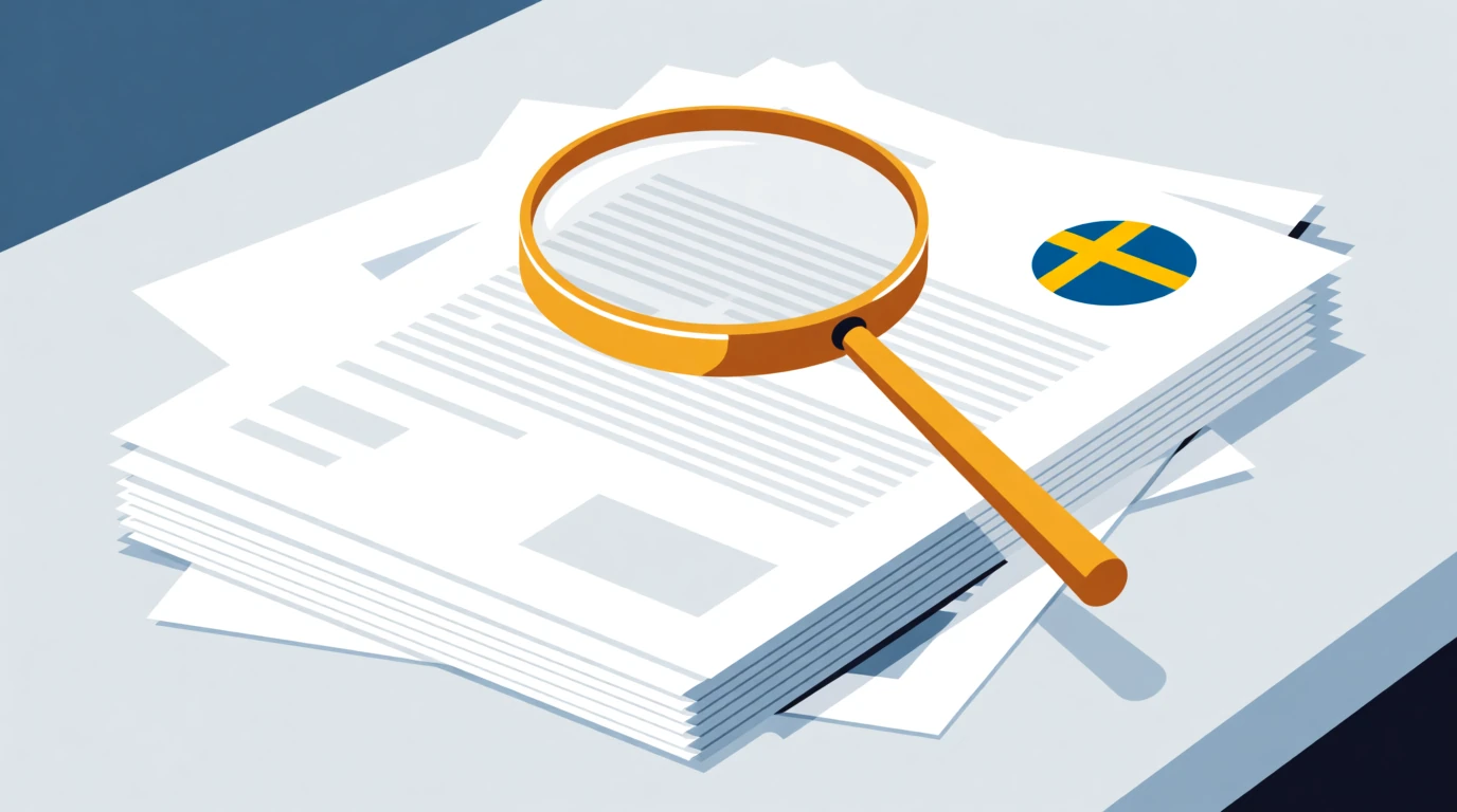 Förstoringsglas över officiella dokument med svensk sigill