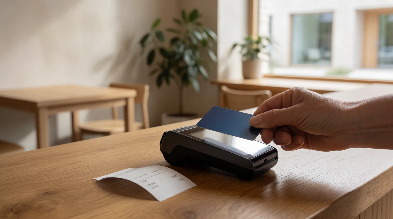 Betalterminal och bankkort på ett diskbordsunderlag