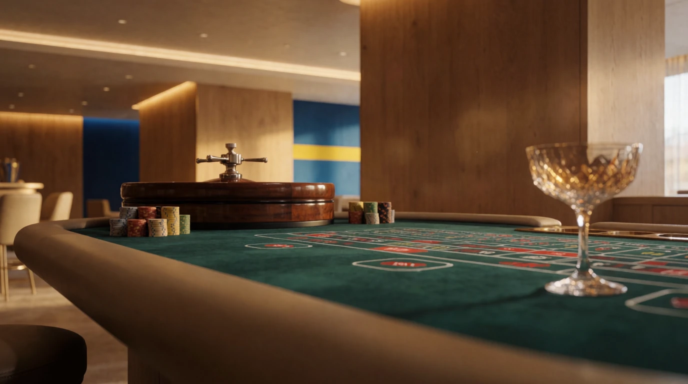 Elegant svensk casinomiljö med marker och roulettebord, 2026