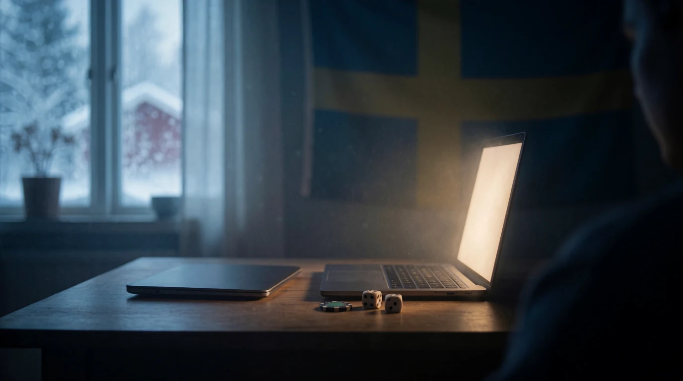 Dator på skrivbord med casinomark och tärningar i vinterljus
