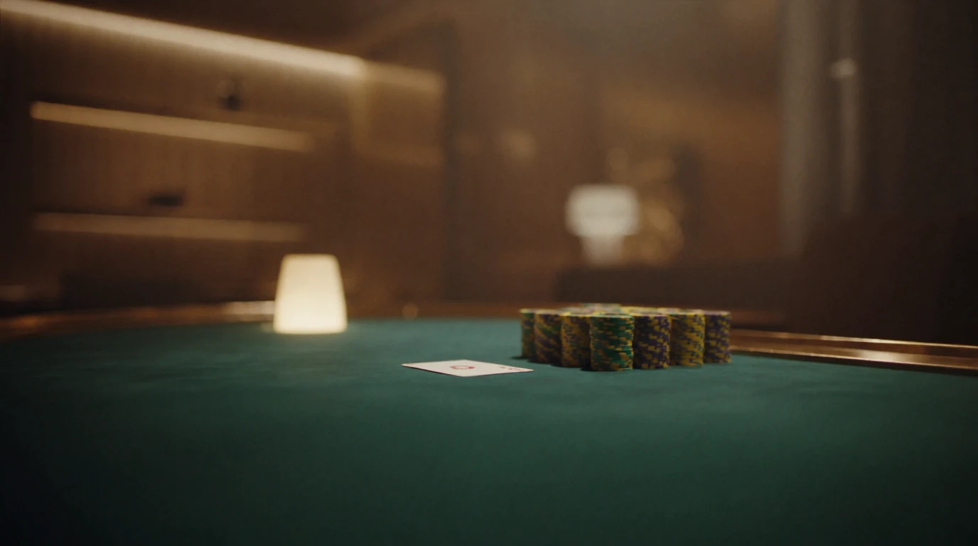Casinobord med marker och ett kort i varm belysning