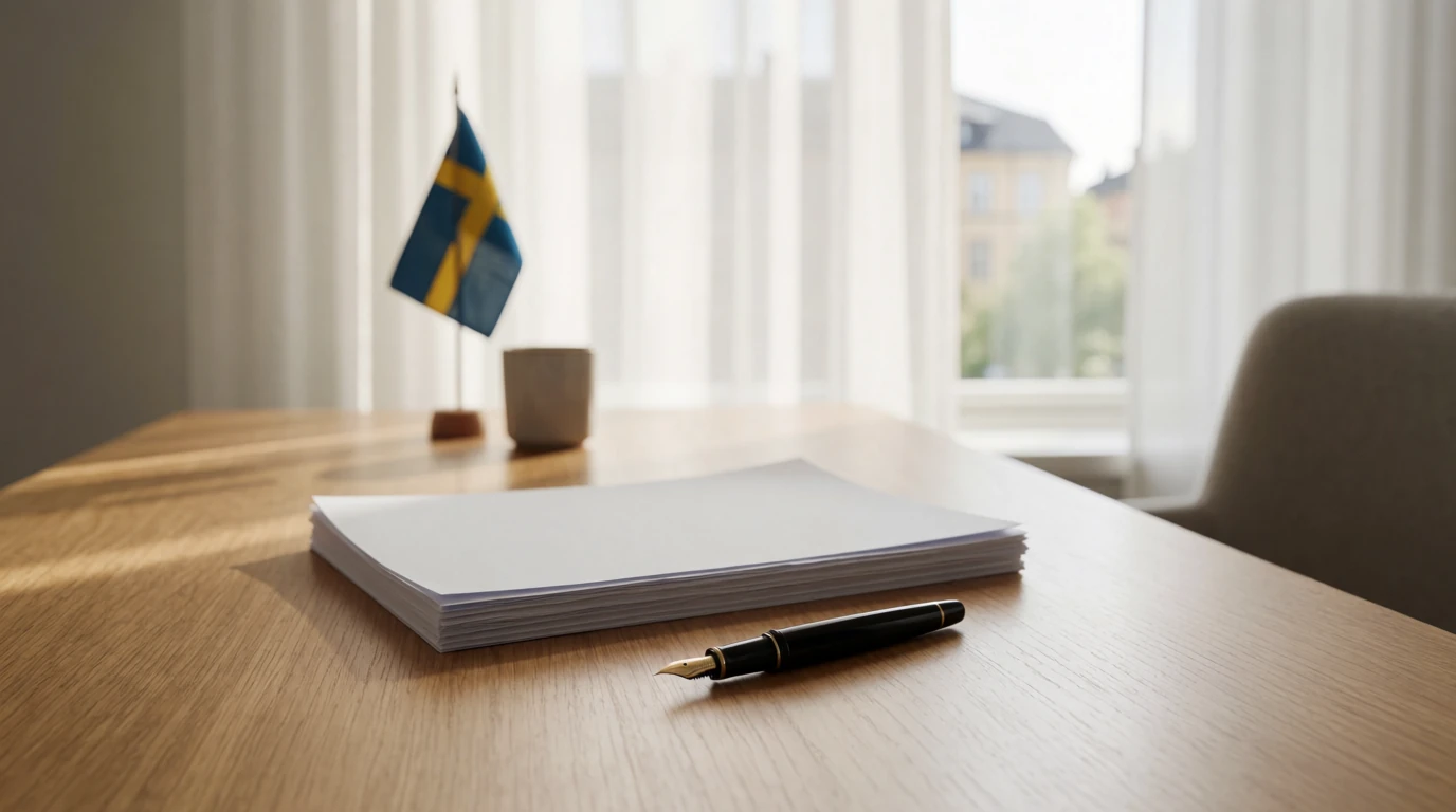 Skrivbord med juridiska dokument och svensk flagga