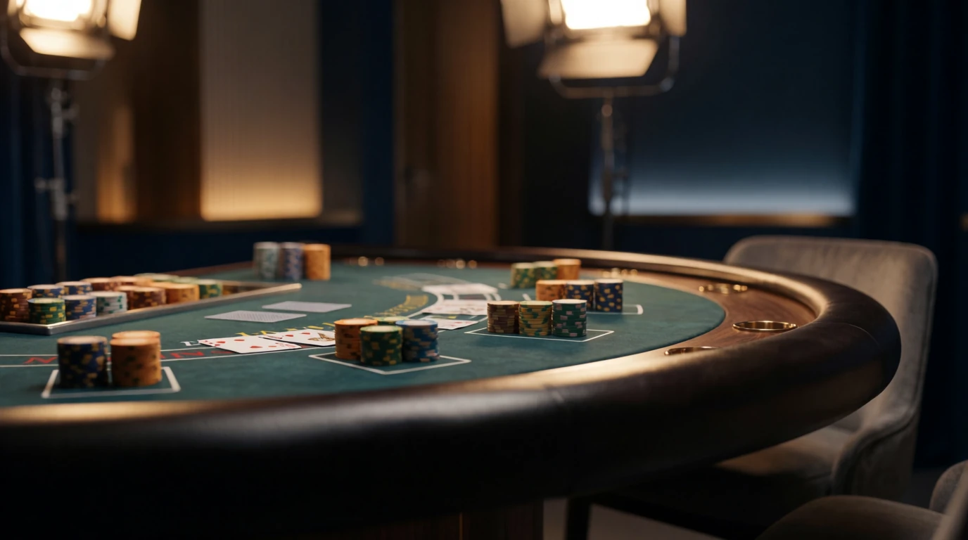 Elegant blackjackbord med marker och kort i livesänd casinostudio
