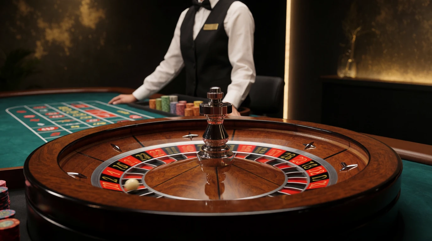 Live roulette-bord med croupier och snurrande hjul i en studio