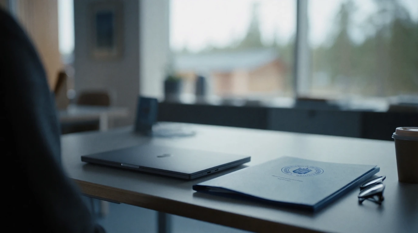 Skrivbord med stängd laptop och dokument om svensk spellicens
