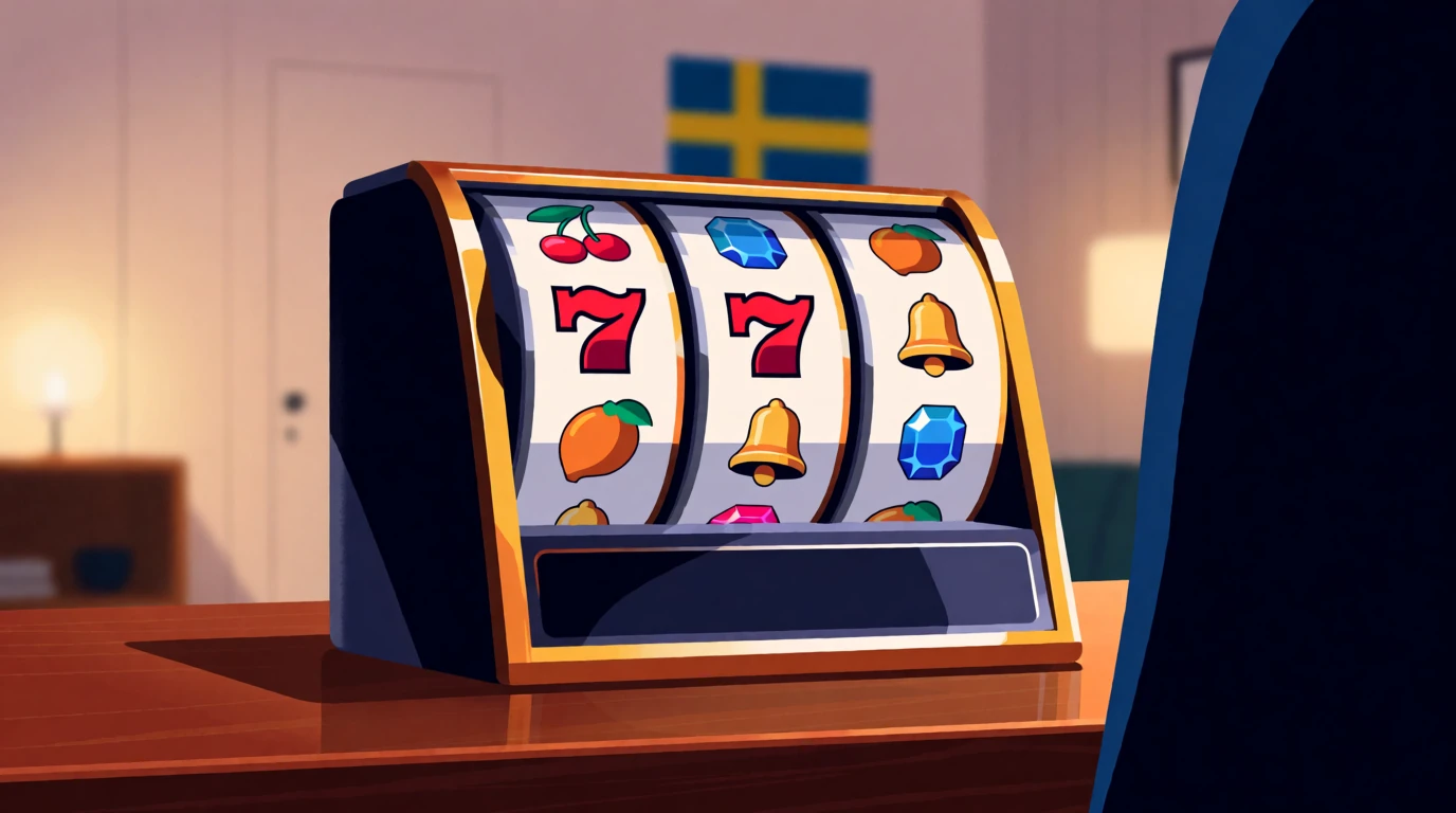 Stiliserad spelautomat med tre hjul och klassiska symboler i svensk miljö
