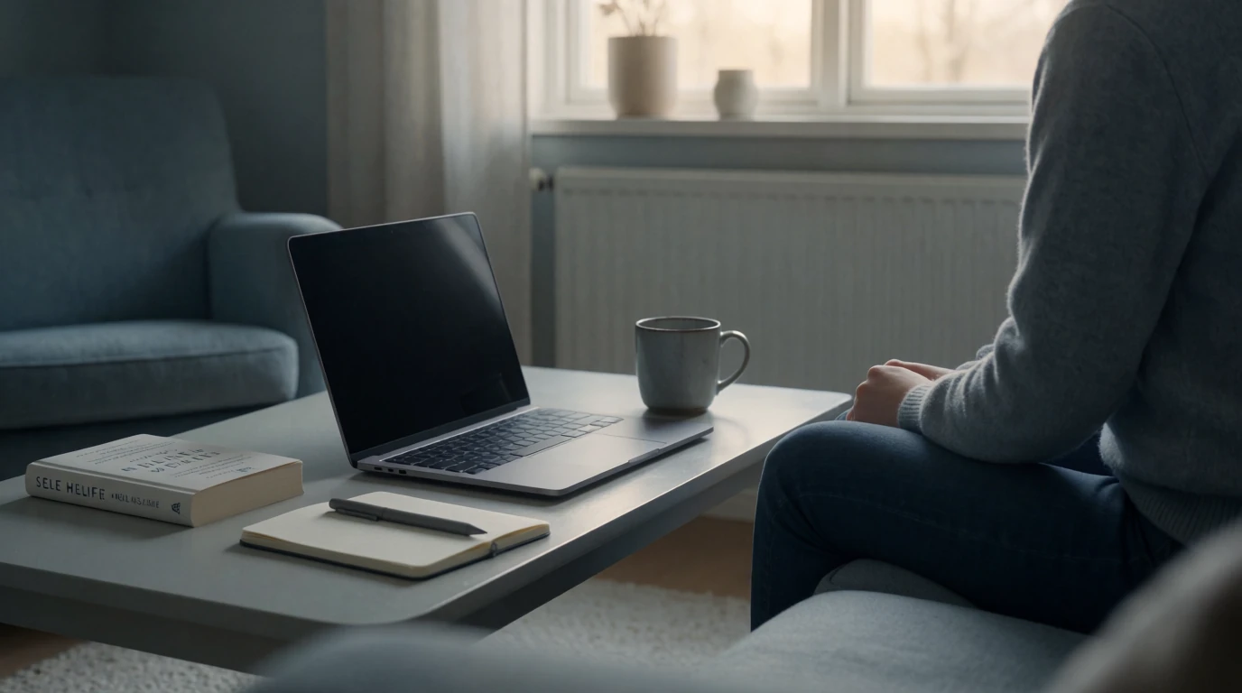 Person i lugnt vardagsrum som stänger bärbar datorn och väljer paus