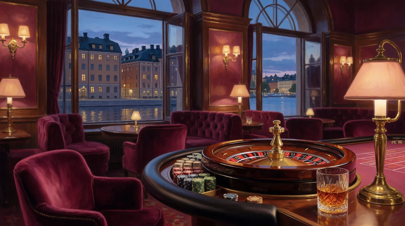 Stilig casinolounge i Stockholm med rouletthjul och utsikt över vattnet i skymning