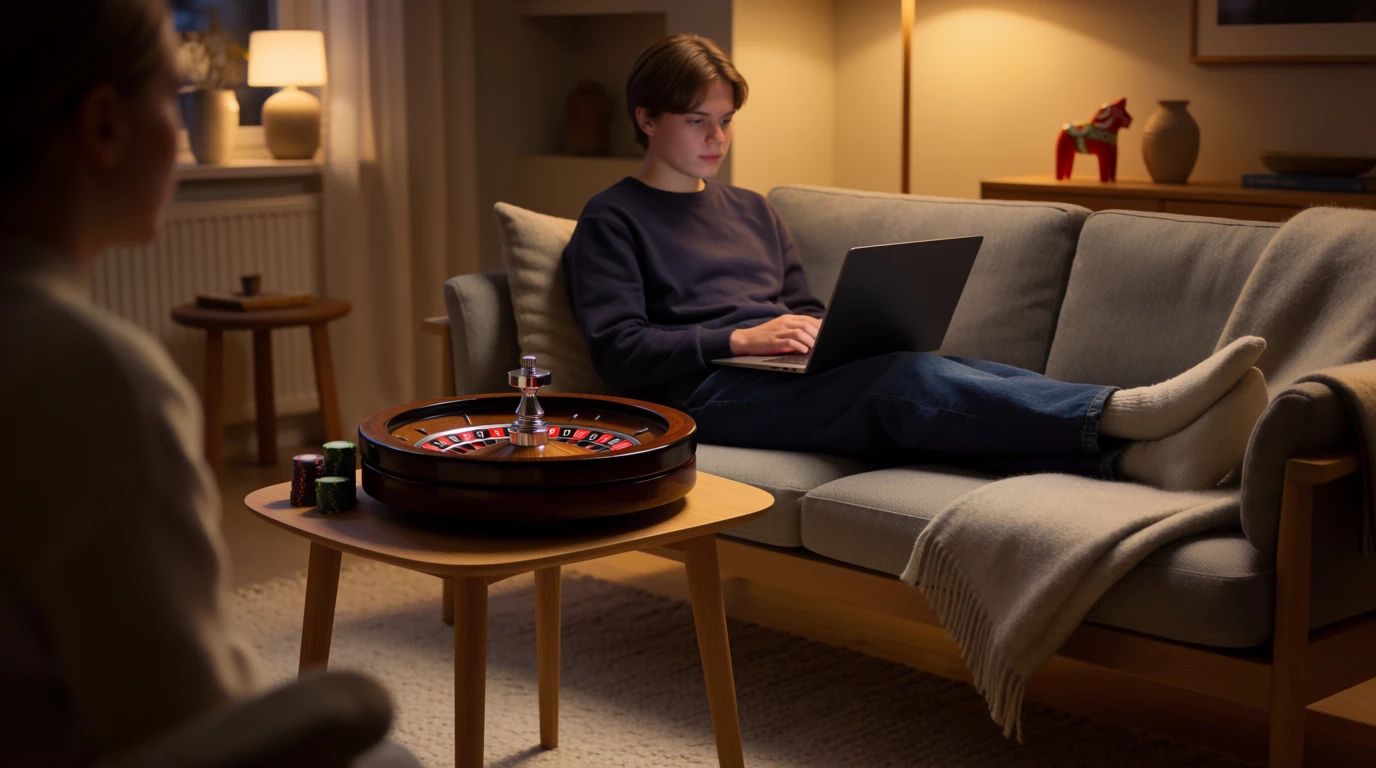 Person i svenskt vardagsrum med roulettehjul och casinomarker bredvid en stängd laptop.