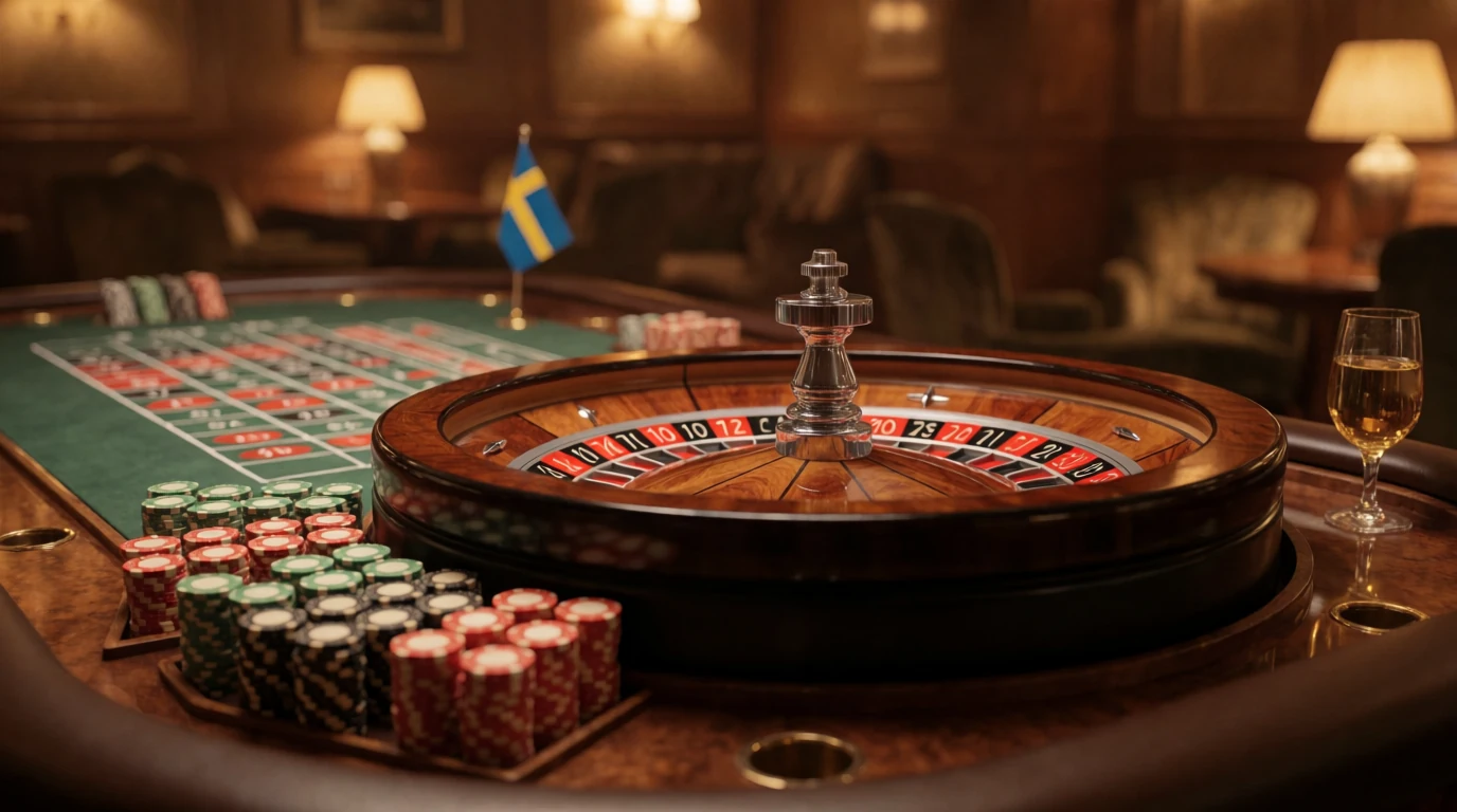Europeisk roulettehjul med marker på ett elegant casinobord