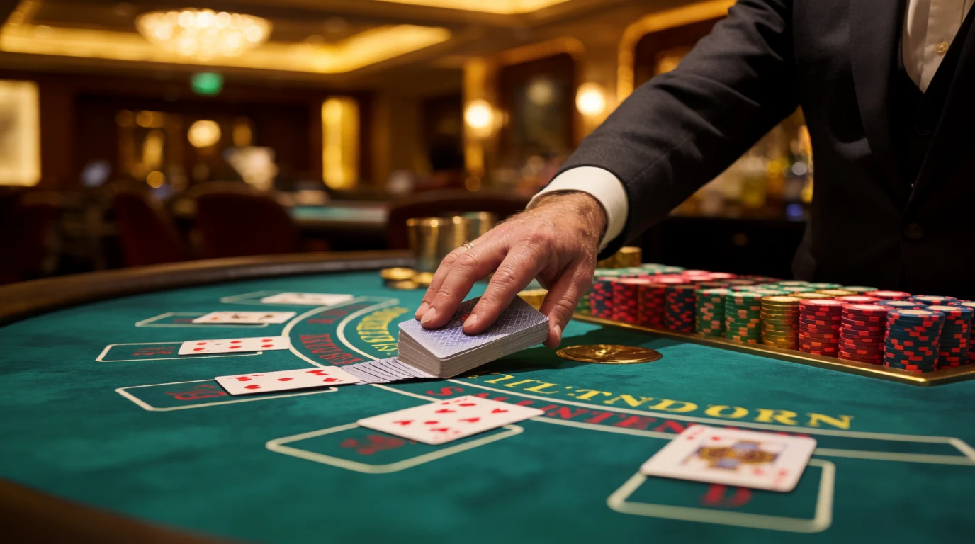 Elegant blackjack-bord på ett svenskt casino med marker och kort