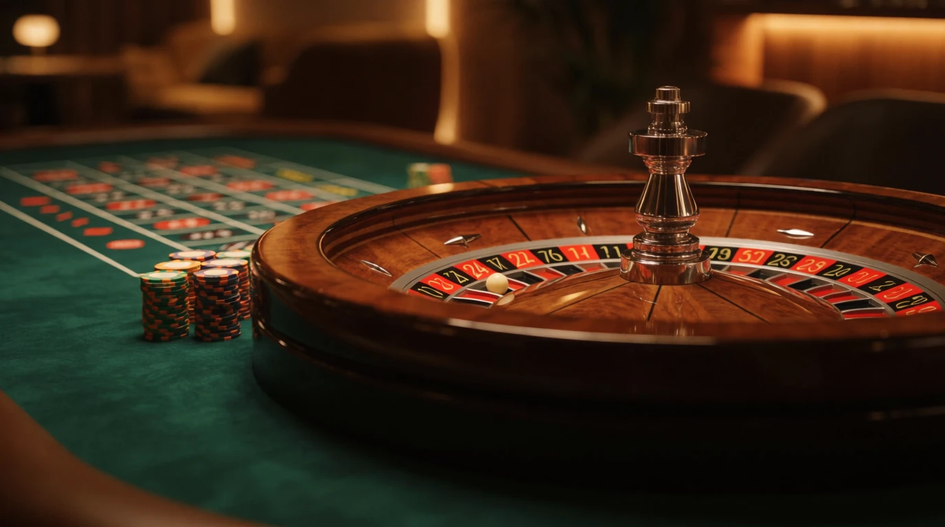 Elegant roulettehjul på grönt casinobord med marker i varm belysning