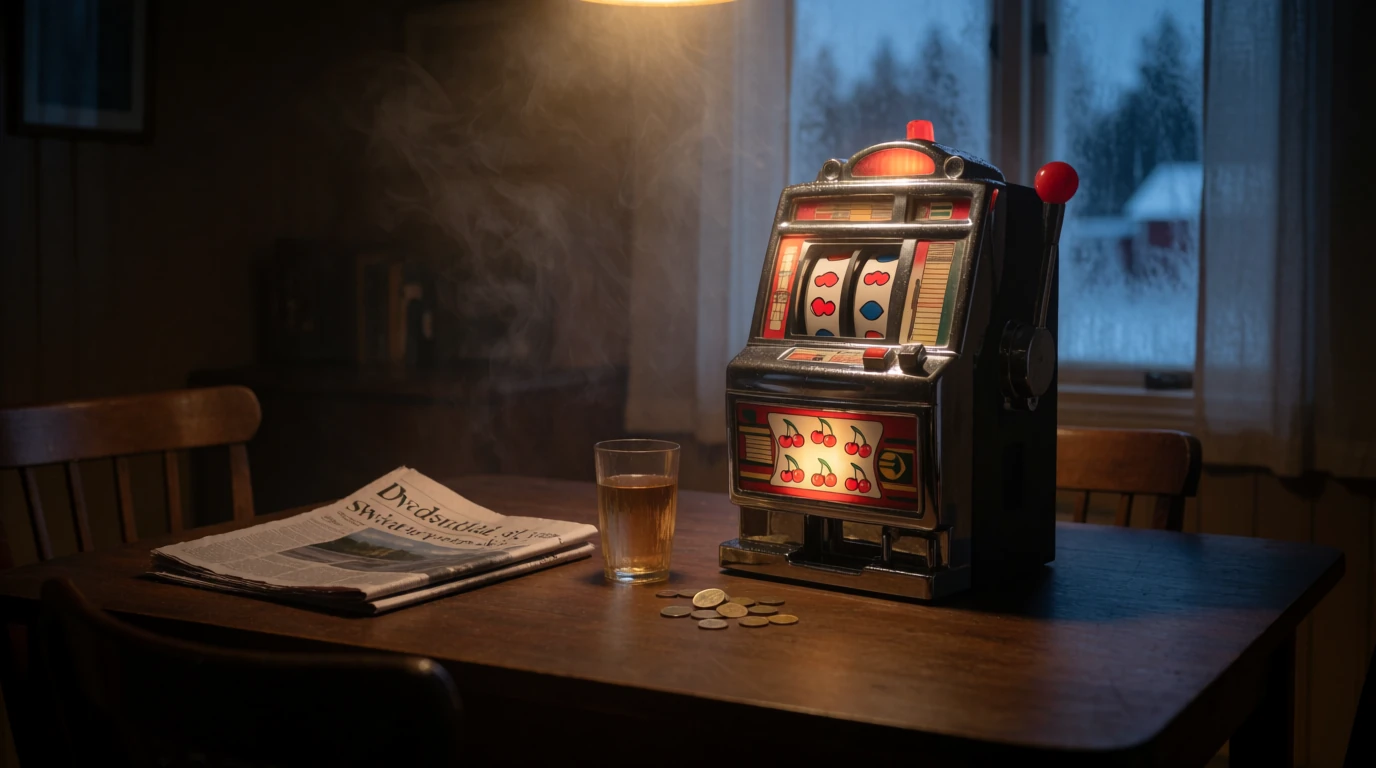 Klassisk spelautomat på ett träbord i svensk hemmiljö med mynt och tidning