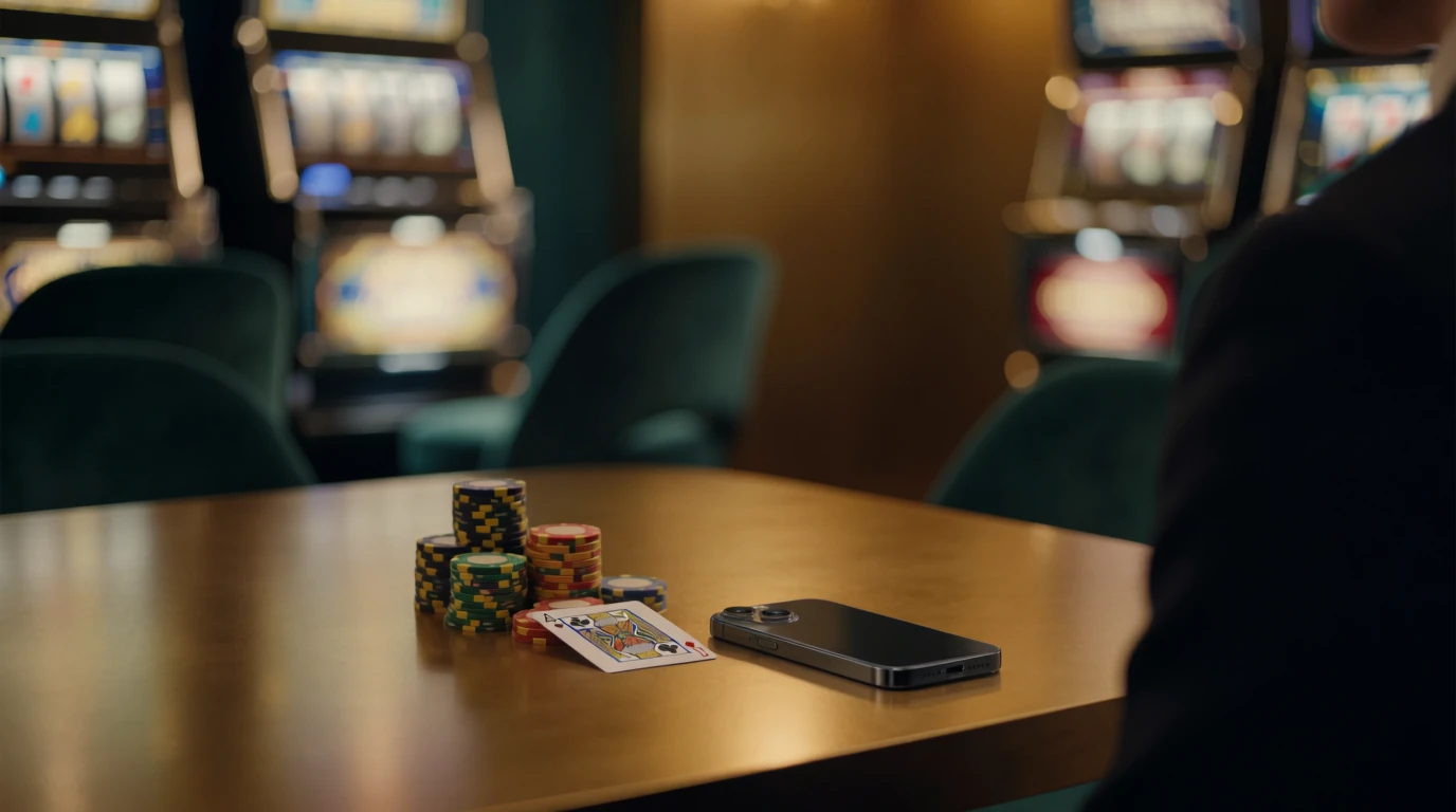 Svensk casinomiljö med marker, kort och mobil på bordet