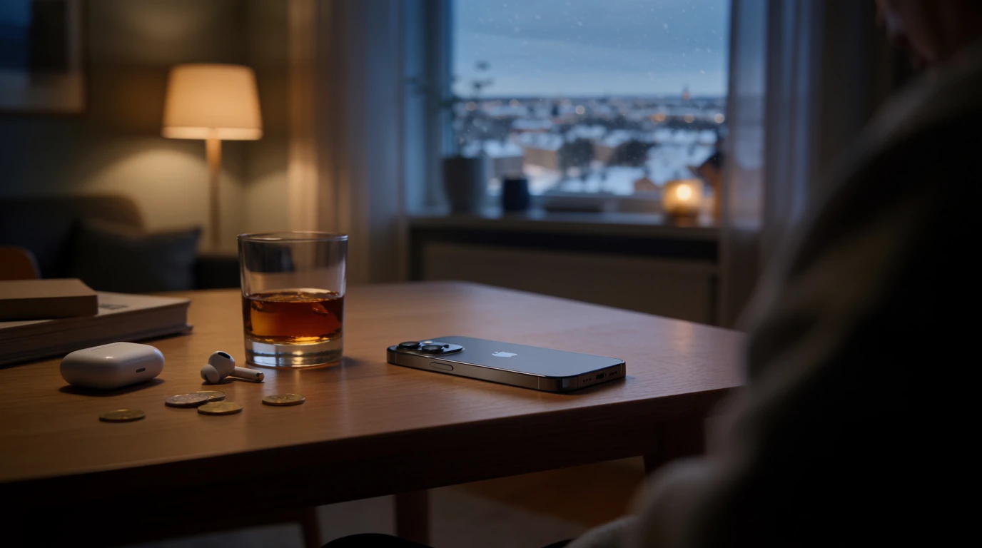 Modern hemmamiljö med smartphone, mynt och whiskyglas i svensk lägenhet