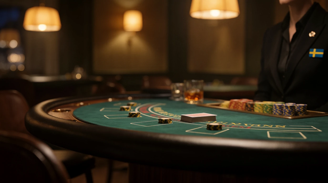 Elegant blackjackbord på ett stockholmskasino med marker och kort